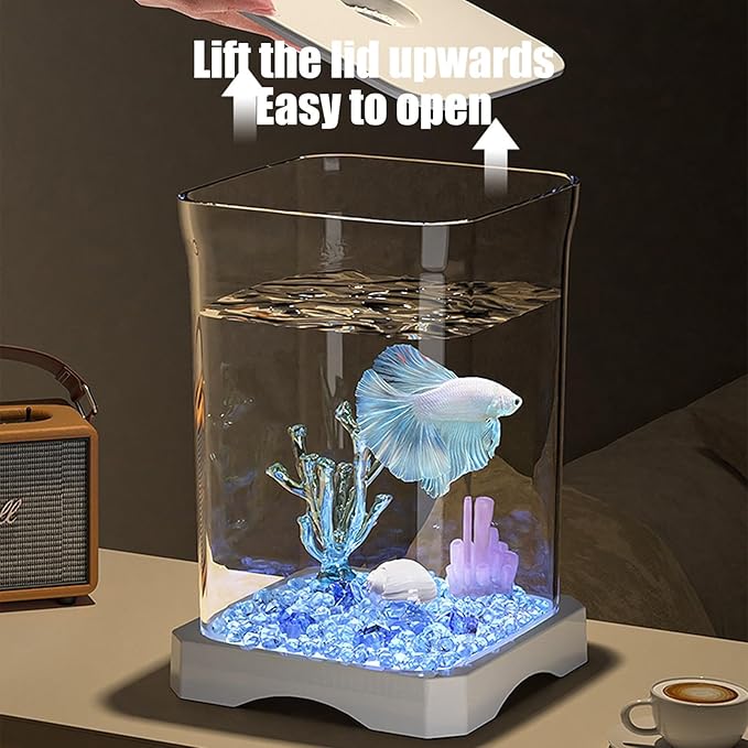 Aquarium Starter Kit Small Glass Betta Fish Tank Desktop Mini Fish Bowl for Shrimp Goldfish with Filter Pump LED (White)