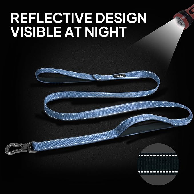 TwoEar 5FT 1IN Strong Dark Blue Dog Leash with 2 Padded Handles, Traffic Handle Extra Control, Comfortable Soft Dual Handle, Auto Lock Hook, Reflective Walking Lead for Small Medium and Large Dogs