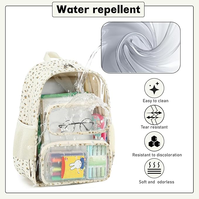 CAMTOP Clear Backpack Heavy Duty Transparent Bag See Through BookBag for Student School Work Festival Sport Travel (Beige Yellow Flowers)