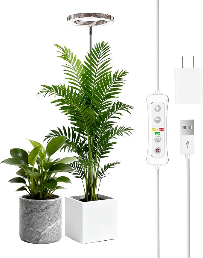 Plant Grow Light,LED Growing Light Full Spectrum for Indoor Plants,Aluminum Marble Grain Plant Lights,Height Adjustable, Automatic Timer, 5V Low Safe Voltage