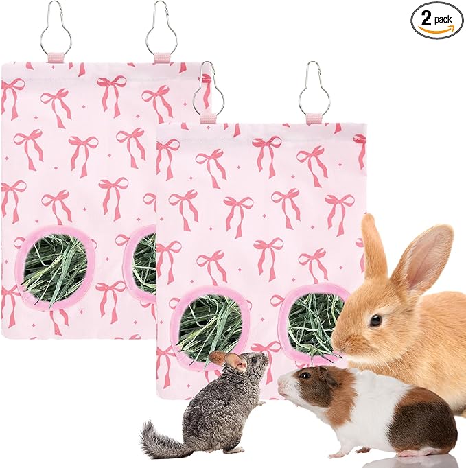 JarThenaAMCS 2Pcs Rabbit Hay Feeder Bag with 2 Holes Pink Bow Guinea Pig Hanging Hay Feeding Bag Storage Dispenser for Chinchilla Hamster Bunny Small Animal Pet