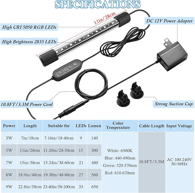 FEDOUR 11in Submersible Aquarium LED Light, 24/7 Mode Aquarium Lights with Full Spectrum RGBW LEDs, IP68 Waterproof Fish Tank Light with Dimming, Timming and Color Adjustable