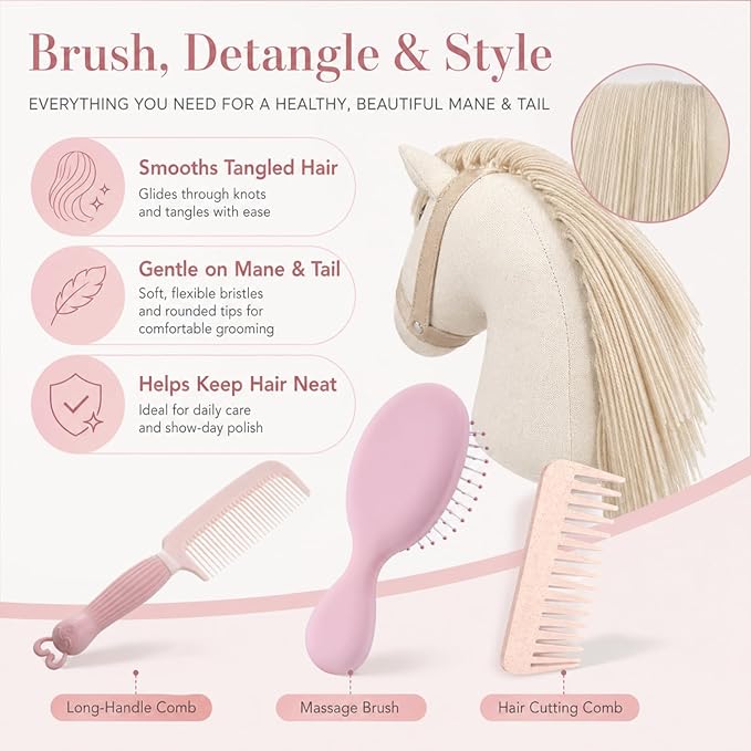 Stick Horse Grooming Kit - 7-in-1 Set with Storage Bag, Brushes, Combs & High-Density Sponge for Plush & Long Mane Care - Pink Nordic Style