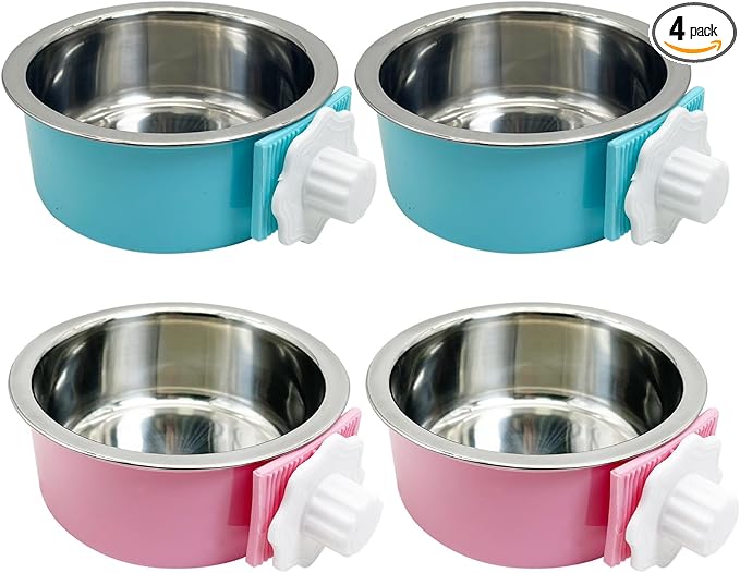 Tfwadmx 4 Pcs Crate Dog Bowl Cat Removable Stainless Steel Food and Water Feeder Hanging Cage Bowls Coop Cup with Cleaning Set for Pet Puppy Bird Rat Guinea Pig Ferret Bunny Rabbit (Light Blue, Pink)