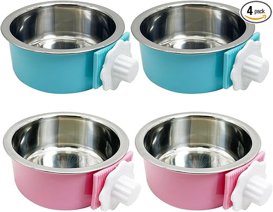 Tfwadmx 4 Pcs Crate Dog Bowl Cat Removable Stainless Steel Food and Water Feeder Hanging Cage Bowls Coop Cup with Cleaning Set for Pet Puppy Bird Rat Guinea Pig Ferret Bunny Rabbit (Light Blue, Pink)