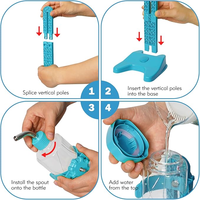 VANNON Pet Standing Water Dispenser Top Fill Dog Water Bottle Dispenser with Stand Leakproof Pet Slow Water Bottle for Small Animals, 13oz, BPA Free, Adjustable Height, Blue