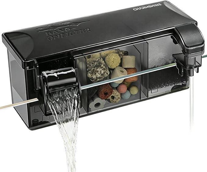 Hang-on-Back Aquarium Filter Box with Reusable Filter Media, Waterfall Oxygenation, Fits High & Low Water Level, for 5-10 Gallon Fish & Turtle Tank (Pump Not Included)