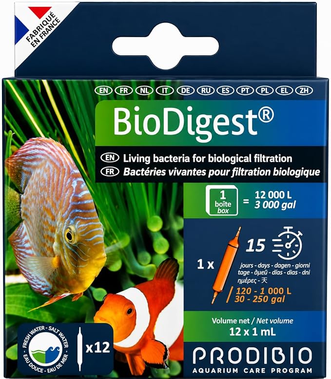 Prodibio Bio Digest, Nitrifying Bacteria, 12/1 mL Vials, for 50 Gallons+ | Fresh and Salt Water, 1 vial up to 50 gal/15 days