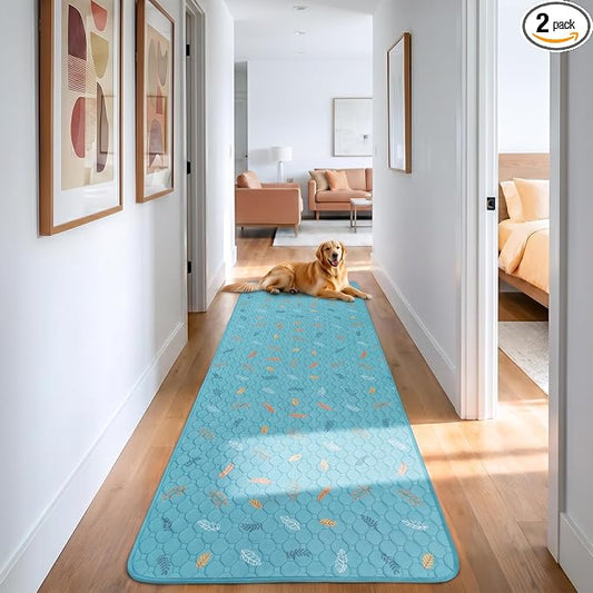 Sunheir Washable Pee Pads for Dogs Large 24" x 72" 2-Pack Reusable Puppy Pads Pet Training Pads, Absorb Dog Mats, Whelping Pad, Non-Slip Protects Against Urine Leakage, Runner Rug (Leaves - Sky Blue)