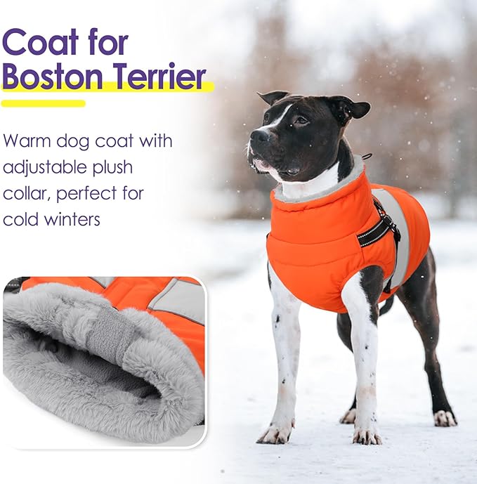 Dog Jacket, Large Dog Coat with Harness Built in, Warm Pet Winter Jacket Zippered Snow Coat with Furry Collar, Waterproof Fleece Snowsuit for French Bulldog, Orange L