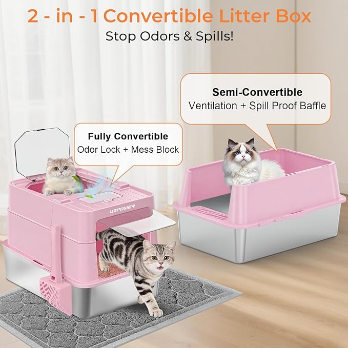 URPOWER Stainless Steel Cat Litter Box with Flip-Top Lid Extra Large Enclosed Litter Box Non-Sticky Metal Pan with High Sided & Scoop, Odor Free, Front & Top Entry, Anti-Leakage, Easy Cleaning