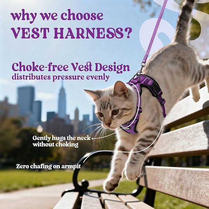 rabbitgoo Cat Harness and Leash for Walking, Escape Proof Soft Adjustable Vest Harnesses for Cats, Easy Control Breathable Reflective Strips Jacket, Purple, XS