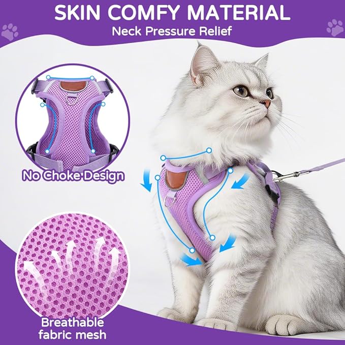 Cat Harness and Leash Set with Tracker Holder, Upgraded Escape Proof Kitten Harness with Lead for Small Cats, Soft Mesh Puppy Jacket Vest for Outdoor Walking, Reflective & Adjustable, Purple, S