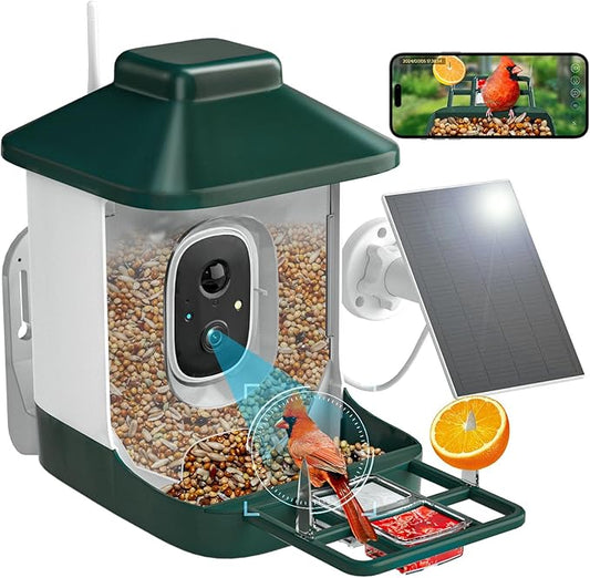 Smart Bird Feeder with Camera, AI Identify Bi rd Species Solar Powered,Full HD Live Video Bird Feeder Camera, 2.4Ghz WiFi, Instant Arrival Alerts - Best Gifts for Bi rd Lover