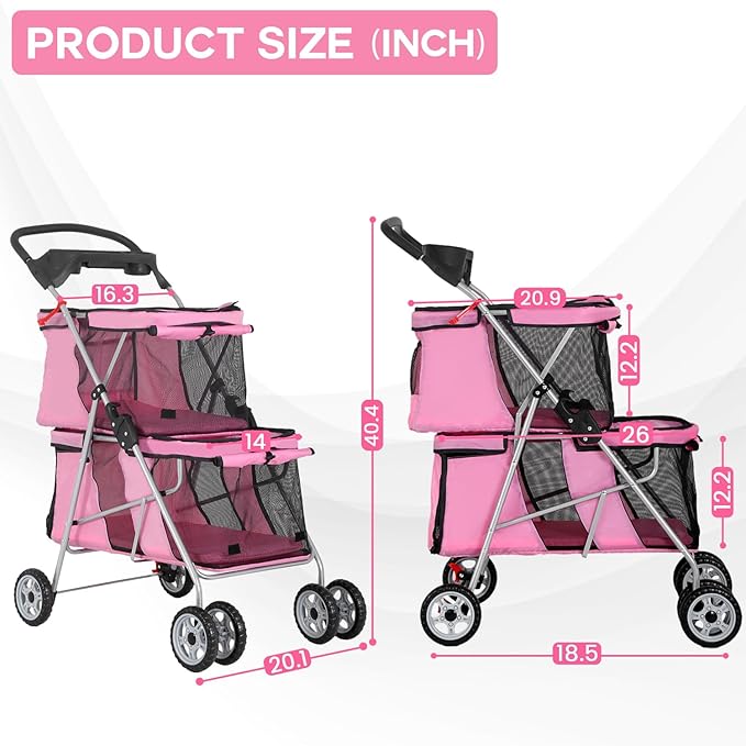 FDW 4 Wheels Pet Stroller Dog Cat Carriers Bag Lightweight Waterproof Folding Jogger Double Stroller with Cup Holders,Pink