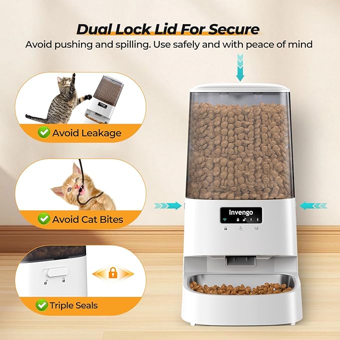 Automatic Cat Feeder with App Control, 5L Food Dispenser for Cats and Small Dogs, 2.4/5G Wi-Fi, Programmable Portions, Anti-Jam & Fresh-Lock, Stainless Steel Bowl, Easy to Clean