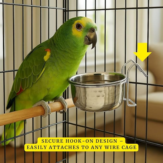 Stainless Steel Coop Cup with Hanger, None Spill Crate Water Bowl, Food Dish for Cage, Rabbit, Cats, Birds, Chicken, Reptiles. (20)
