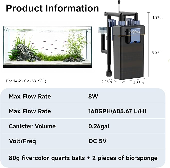 Hang-On-Back Aquarium Filter (8W, 14-26 Gal) | Quiet Fish Tank Filter，4-Stage Filtration，USB Powered，Anti-Dry Burn Motor，Adjustable Flow，Oil Skimmer