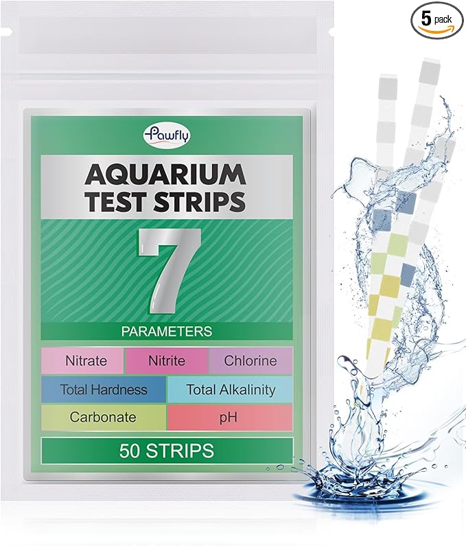 Pawfly 7 in 1 Aquarium Test Strips, 50 Strips Fish Tank Testing Strips for pH Chlorine Nitrate Nitrite Carbonate Hardness Total Alkalinity Water Quality Freshwater Saltwater Monitoring Kit