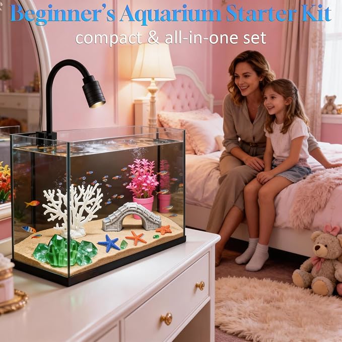 Ultra-Clear Glass Rimless Black Small Fish Tank Kit | 2Gal Nano Desktop Fish Tank with Light Cleaning Tool & Décors,Small Fish Aquarium for Betta,Shrimp,Small Fish