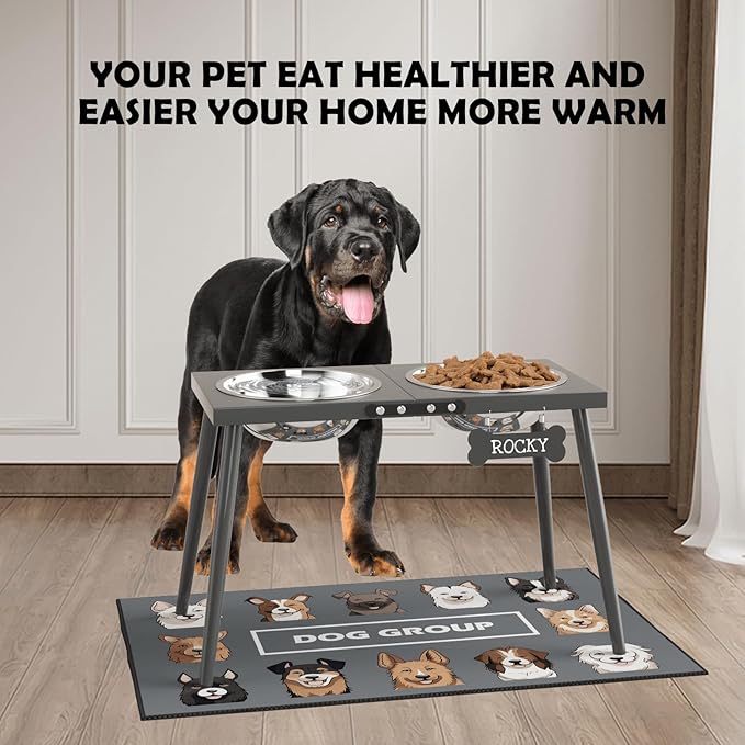 ADENGL Elevated Dog Bowls for Large Extra Large Pet, Raised Dog Bowl Stand with Sprill Proof Mat and Bowls (2000ml/70oz), Pet Food & Water Bowl 15.5" Tall Dogs Feeder for Extra Large Breed, Grey