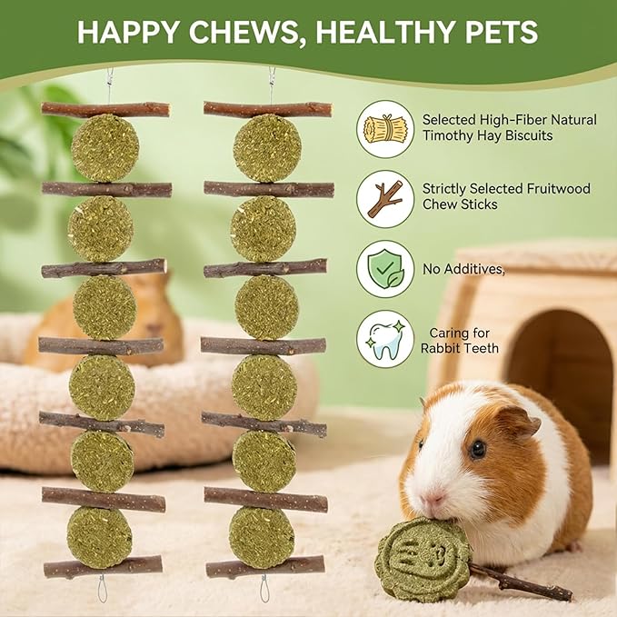 MAQIHAN Rabbit Chew Toys for Teeth -Bunny Treats for Dental Grinding Natural Apple Wood Sticks Timothy Hay Cake Lollipop Enrichment for Rabbit Cage Chinchilla Toys Guinea Pig Gerbil Rat Cage 4PCS