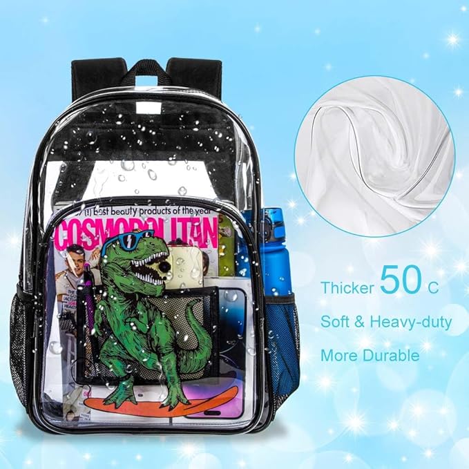 AGSDON 3PCS Clear Backpack for Boys, Kids Dinosaur Transparent Bookbag Heavy Duty, Cute See Through Backpacks with Lunch Bag - Blue