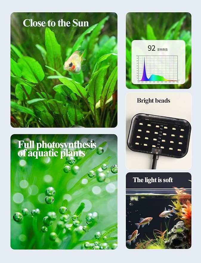 Small Aquarium Clip-On LED Light | 8W full-spectrum planted light with clamp, 4.53" for 3-6 gal tanks,USB-powered, white LED