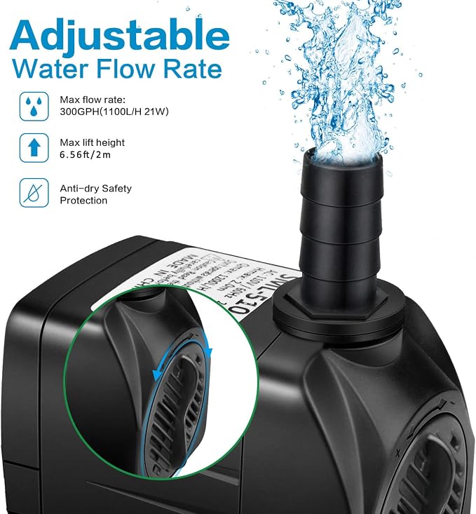 Jhua Water Fountain Pump 300GPH (1100L/H, 21W) Submersible Water Pump, Ultra Quiet Fountain Pumps Submersible Outdoor with 5.9ft Power Cord, 3 Nozzles for Aquarium, Tank, Pond, Statuary, Hydroponics