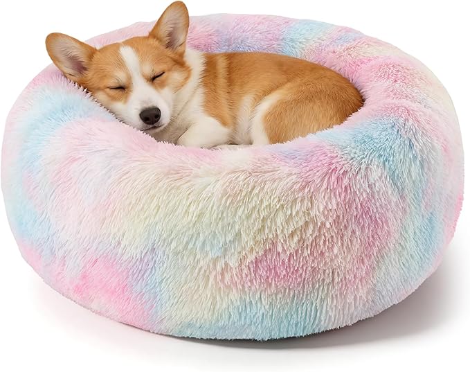 Dog Calming Beds for Small Medium Large Dogs - Round Donut Washable Puppy Dog Bed, Anti-Slip Faux Fur Fluffy Donut Cuddle Anxiety Cat Pet Bed(32'' Color)