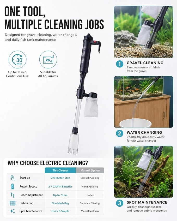 Electric Aquarium Gravel Cleaner Fish Tank Cleaning Vacuum Siphon Tool Kit | Automatic Removable Water Changer Circulation Battery-Operated Adjustable Length Sand Algae Filter for All Aquariums(1PC)