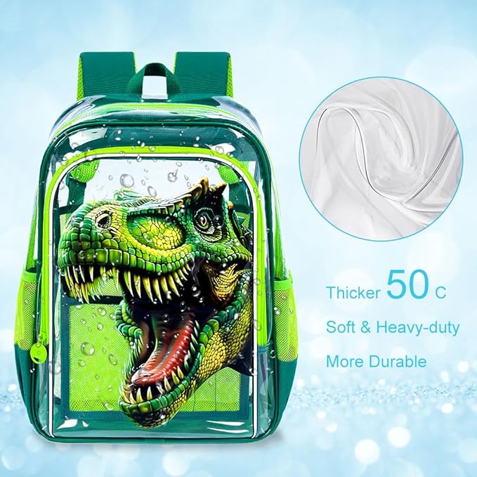16" Dinosaur Clear Backpack for Boys - 3Pcs School Stadium Approved Transparent Set, Campus See Through Bookbag with Lunch Box (Green)