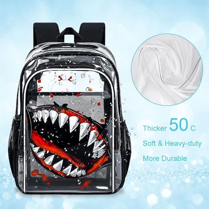 16" Shark Clear Backpack for Boys - 3Pcs School Stadium Approved Transparent Set, Campus See Through Bookbag with Lunch Box (Black)