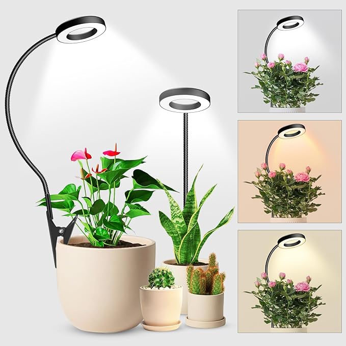 2 in 1 Grow Lights for Indoor Plants, 48 LEDs Plant Lights Indoor | Full Spectrum Plant Lights for Indoor Growing with 360° Gooseneck, 3 Colors, 6/12/16H Timer, 5 Brightness, Black 2 Pack