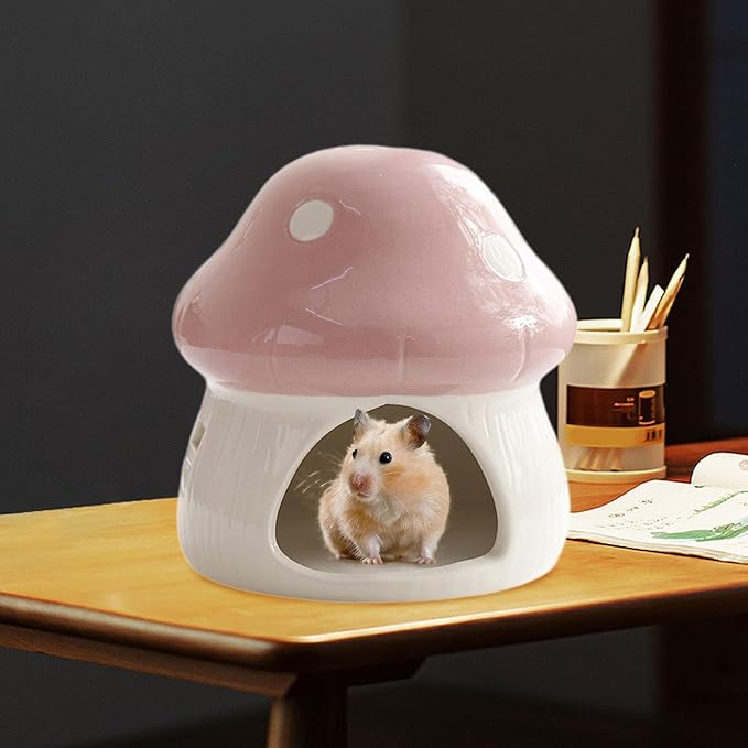 Gralara Ceramic Hamster House Habitat Mushroom Shaped Outdoor Guinea Pig Hideout Hamster Hide Bed for Small Pets Dwarf Rats, Pink