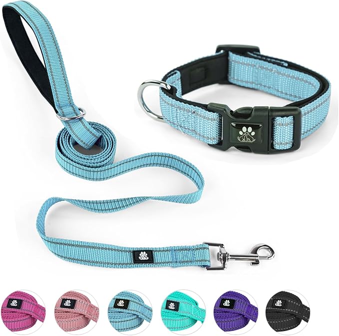 NESTROAD Dog Collar and Leash Set,Reflective Dog Collars with Quick Release Buckle,Adjustable Nylon Pet Collar for Small Medium Large Dogs(Medium,Blue)