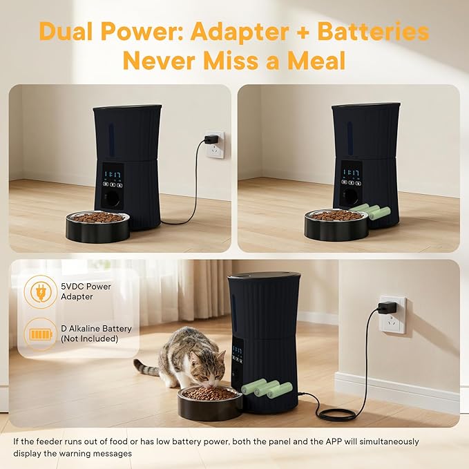 NEWBULIG 4L Automatic Cat Feeder with APP, Timed Pet Feeders for Dry Food with Portion Control, 1-10 Meals Per Day, Dog Food Dispenser with 10s Voice Recorder, Dual Power Supply, Desiccant Bag(Black)