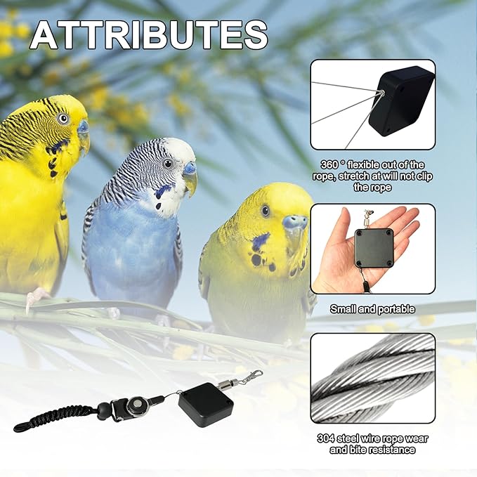 Retractable Bird Leash,Parrot Flying Rope,Anti-Bite Wire Rope Parrot Leash,Adjustable Bird Harness for Training,with 5pcs Alloy Foot Rings,for Budgies,Cockatiels,Crested Cockatoo,Macaws,20ft