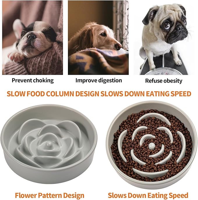 8.26 in Grey Dog Bowl Slow Feeder Ceramic for Medium and Large Breed,Pet Feeding Dog Food Water Dish Heavy Weighted,Puppy Bowl for Fast Eaters,Puzzle Slow Eating Dish Modern Maze