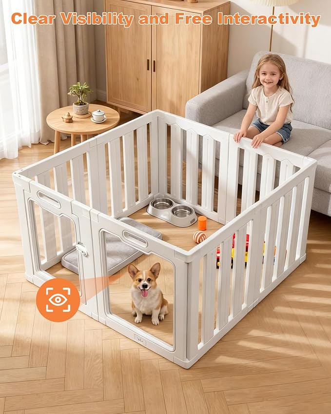Acrylic Indoor Dog Playpen with Heavy Duty Door Lock,24" H 8 Panels DIY Puppy Playpen Pet Play Pen for Small Animal, Easy Assemble and Clean Plastic Pet Fence,White