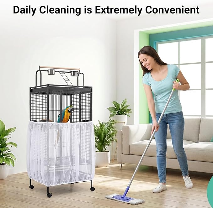 White Bird Cage Seed Catcher, Universal Bird Cage Seed Catcher Adjustable Soft Airy Nylon Mesh Net Lightweight Mesh Skirt for Parrot Cages Stops Scatter Round Square Cages
