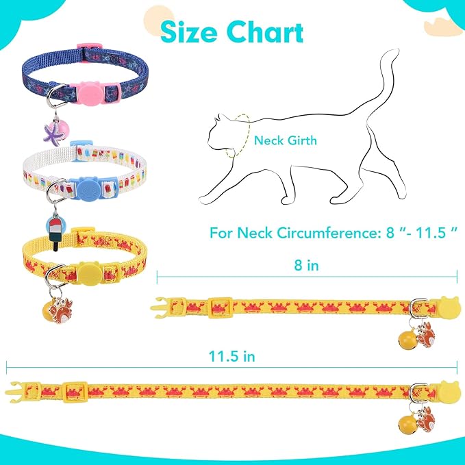 BINGPET Breakaway Cat Collar with Bell, 3 Pack Cat Collars for Girl Boy Cats, Cute Summer Vibe Kitten Collars Accessories with Crab & Starfish & Popsicle