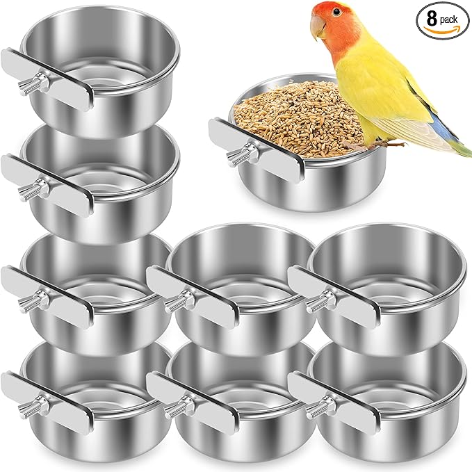 8 PCS Stainless Steel Bird Feeding Bowls, Bird Water Bowls with Clamp Holder, Parrot Food Dish Cups,Parrot Cage Coop Feeders for Cockatiels,Conure,Budgies,Finches,Parakeet and Similar Birds