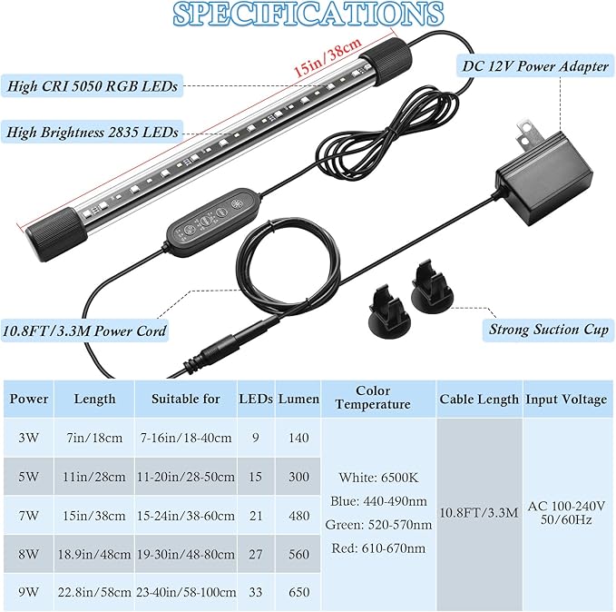 FEDOUR 15in Submersible Aquarium LED Light, 24/7 Mode Aquarium Lights with Full Spectrum RGBW LEDs, IP68 Waterproof Fish Tank Light with Dimming, Timming and Color Adjustable