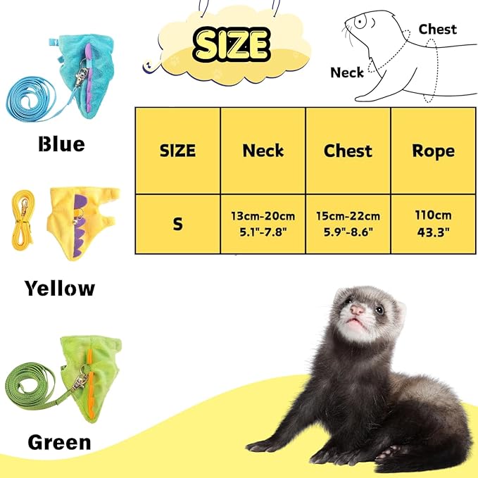 Ferret Harness and Leash Set Cute Dinosaur Design Soft Mesh Small Pet Harness Vest with Safe Bell Walking Clothes for Small Animals Ferret Rabbit Guinea Pig Squirrels (Green)
