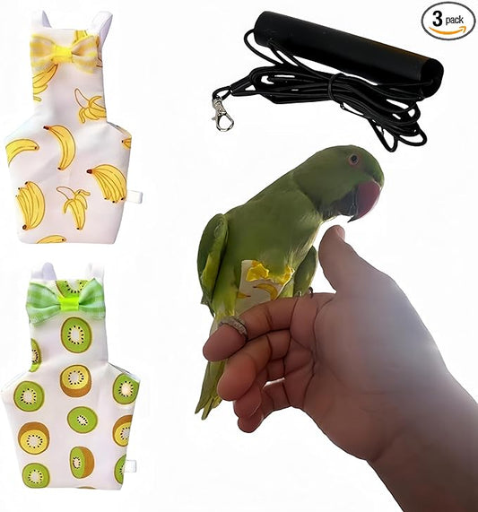 2 Pcs Bird Diapers Bird Harness Flight Suits Diapers with 80 Inch Flying Leash Reusable Parrot Nappy with Waterproof Inner Layer for Cockatiel Budgie Conure Parakeet Lovebird-Kiwi&Banana
