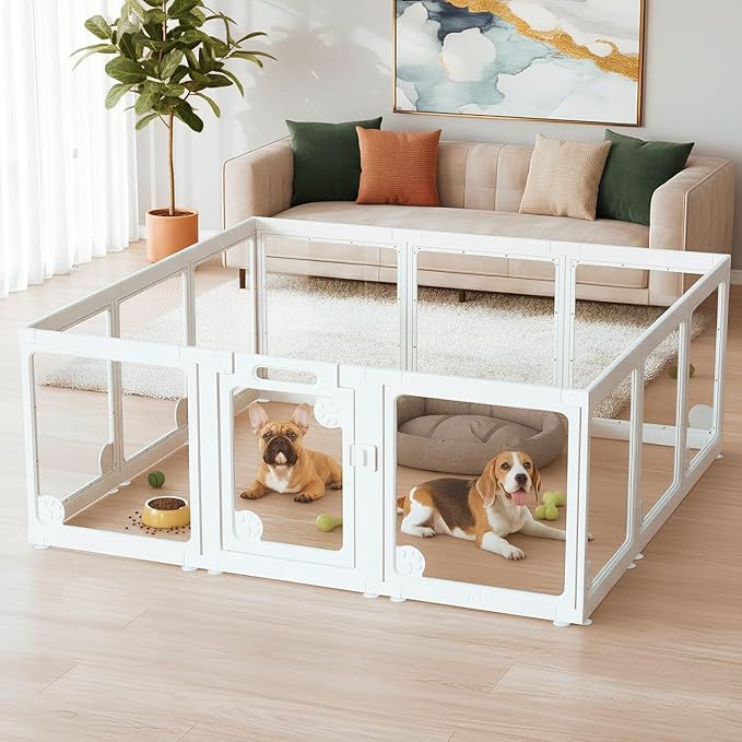 Clear Acrylic Dog Play Pen Indoors 24", 12 Panels Transparent Puppy Playpen with Door for Small Dogs Puppies, Modular Plastic Pet Playpen Cage Fence Crate for Cat Kitten Rabbit, White