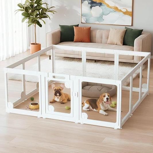 Clear Acrylic Dog Play Pen Indoors 24", 12 Panels Transparent Puppy Playpen with Door for Small Dogs Puppies, Modular Plastic Pet Playpen Cage Fence Crate for Cat Kitten Rabbit, White