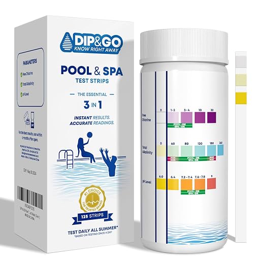 DIP&GO Pool and Spa Test Strips - 125 Test Strips for Pool and Hot Tub | Pool Test Kit for pH, Total Alkalinity, Free Chlorine
