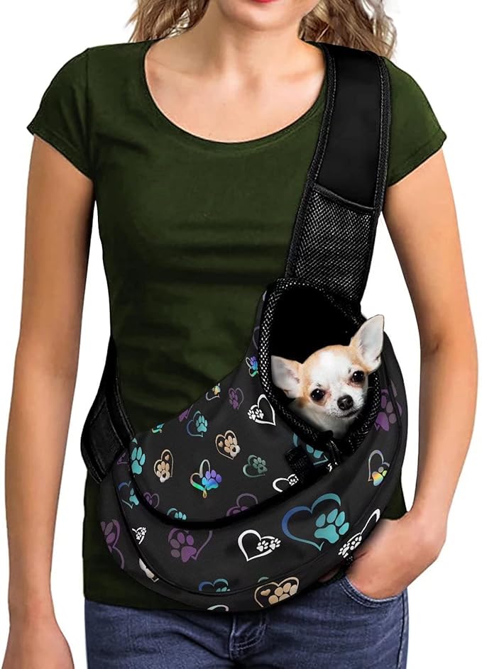 FUSURIRE Black Puppy Paws Print Pet Carrier Sling with Adjustable Strap and Zipper Open, Cute Small Dogs Cats Travel Carrier Bag for Women Men Black White Hand Free Pet Front Sling Pack